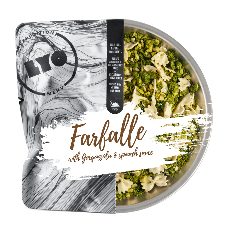 Load image into Gallery viewer, LYO Food Farfalle spinati ja juustukastmes - 500g
